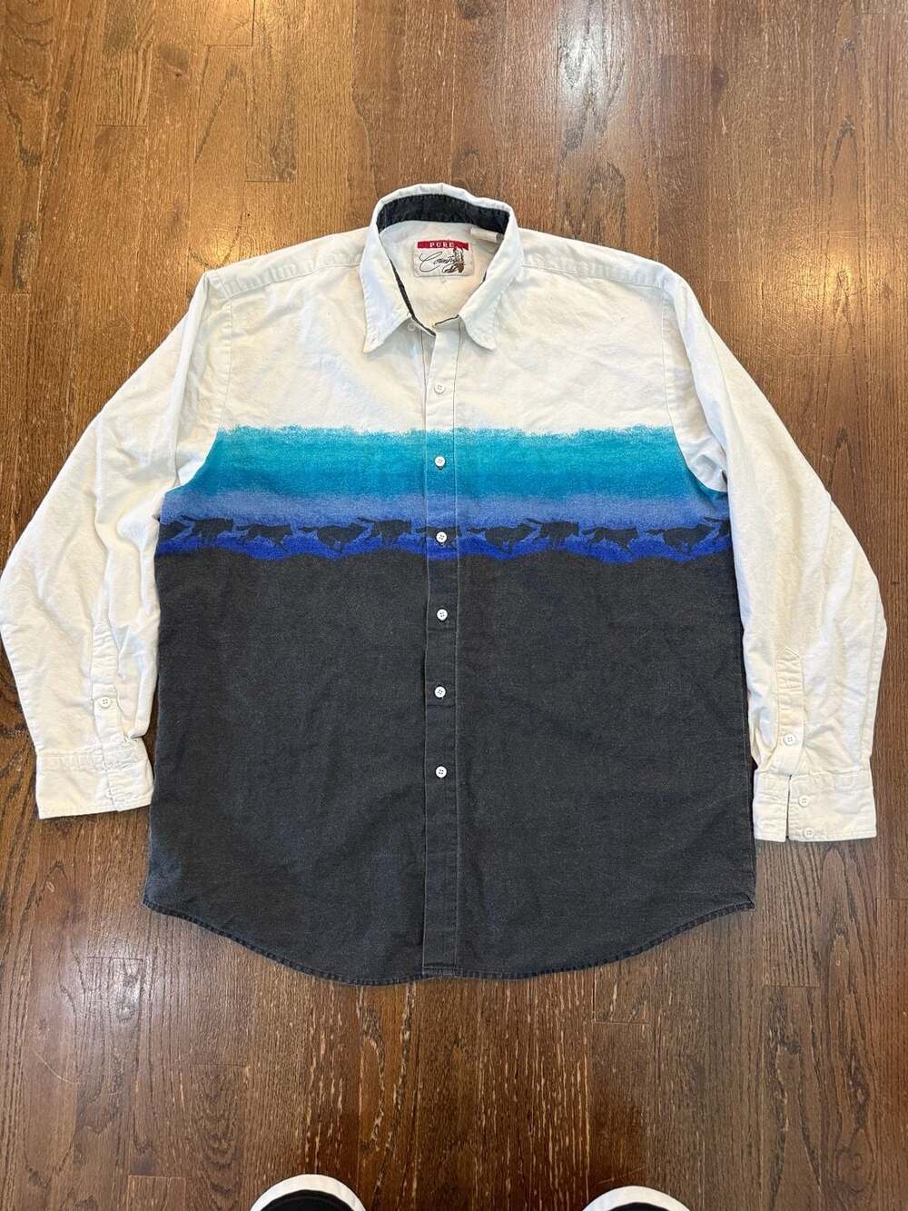 Vintage Pure Country Western Shirt XL Wolf Print Gradient Long Sleeve